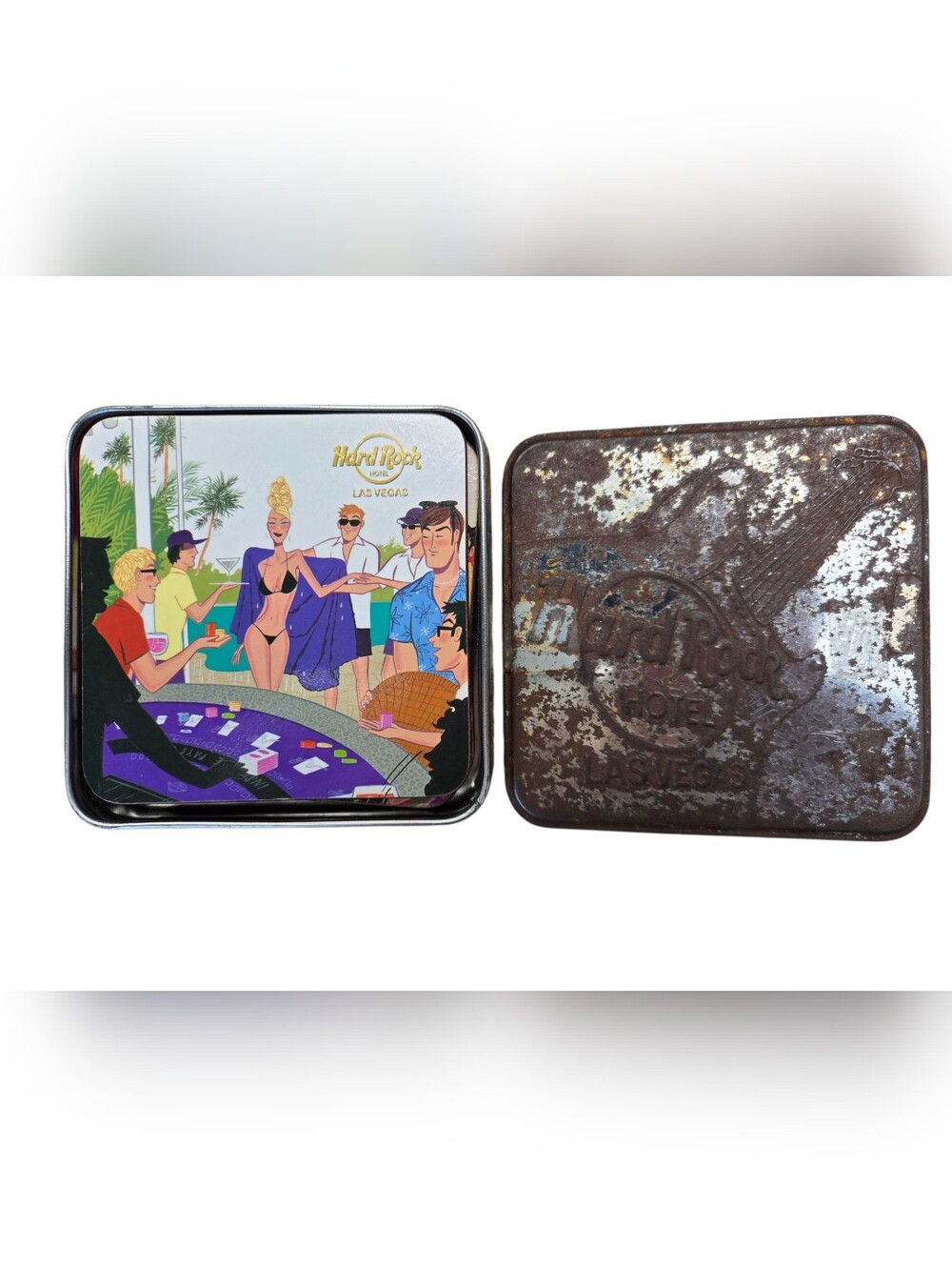 Hard Rock Hotel Las Vegas Casino Vintage Tin with Retro Resort Artwork Coasters.